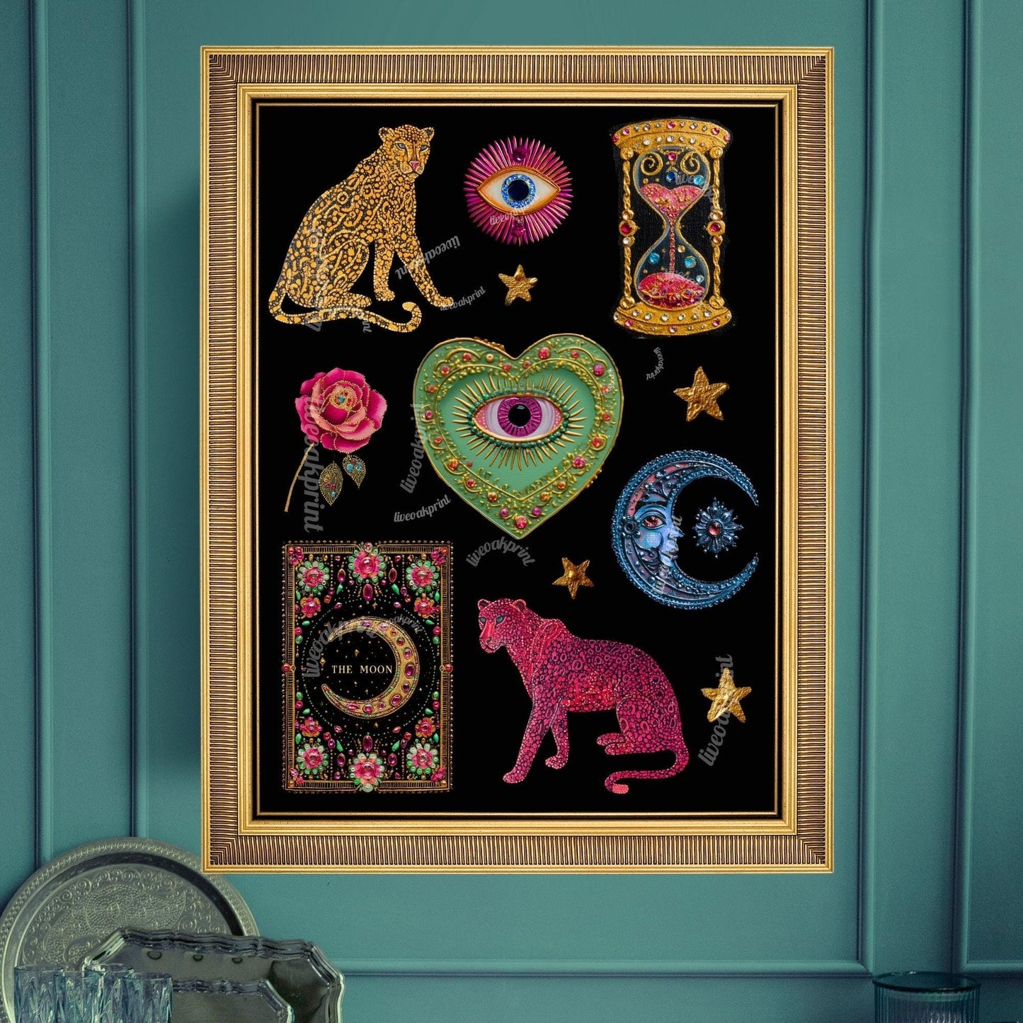 Boho Surreal Wall Art – Leopard Wall Art Print Eyes Maximalist Coquette Decor Trippy Eclectic Art Eye Wall Art Moon Wall Decor Celestial