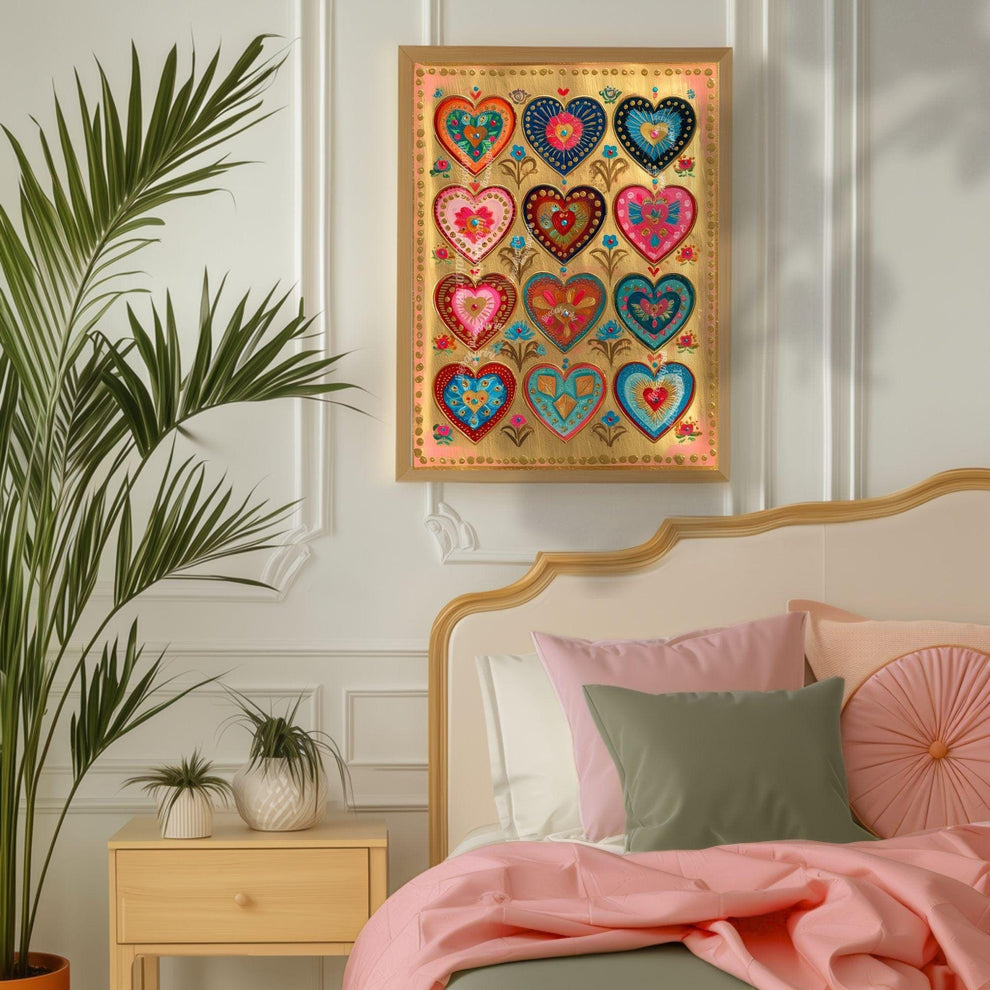 Folk Art Heart Wall Print – Colorful Sacred Hearts Artwork, Boho Gold Wall Art for Bedroom or Gallery Wall, Whimsical Romantic Decor