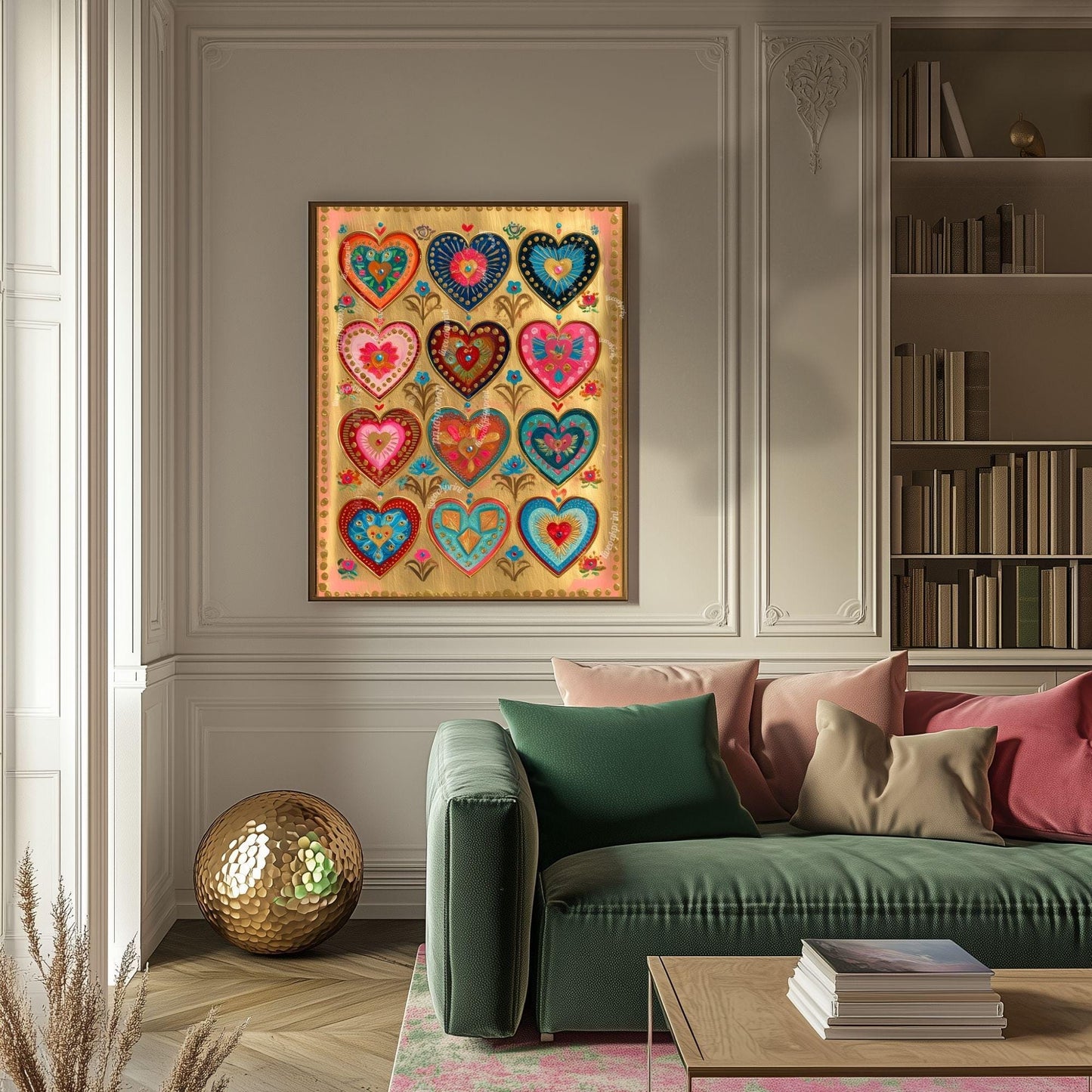 Folk Art Heart Wall Print – Colorful Sacred Hearts Artwork, Boho Gold Wall Art for Bedroom or Gallery Wall, Whimsical Romantic Decor