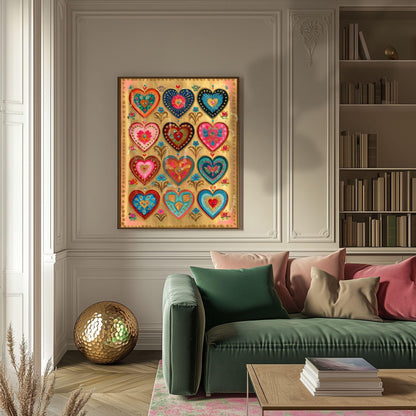 Folk Art Heart Wall Print – Colorful Sacred Hearts Artwork, Boho Gold Wall Art for Bedroom or Gallery Wall, Whimsical Romantic Decor