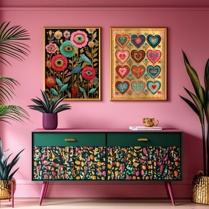 Folk Art Heart Wall Print – Colorful Sacred Hearts Artwork, Boho Gold Wall Art for Bedroom or Gallery Wall, Whimsical Romantic Decor