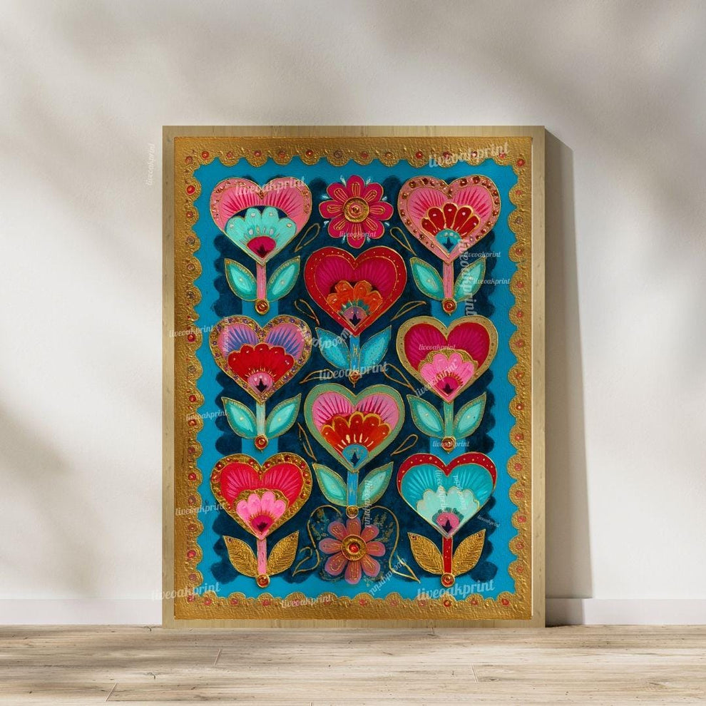 Sacred Folk Heart Wall Art Set – Vibrant Heart & Floral Prints – Bold Whimsical Art for Boho, Maximalist, or Eclectic Home Decor
