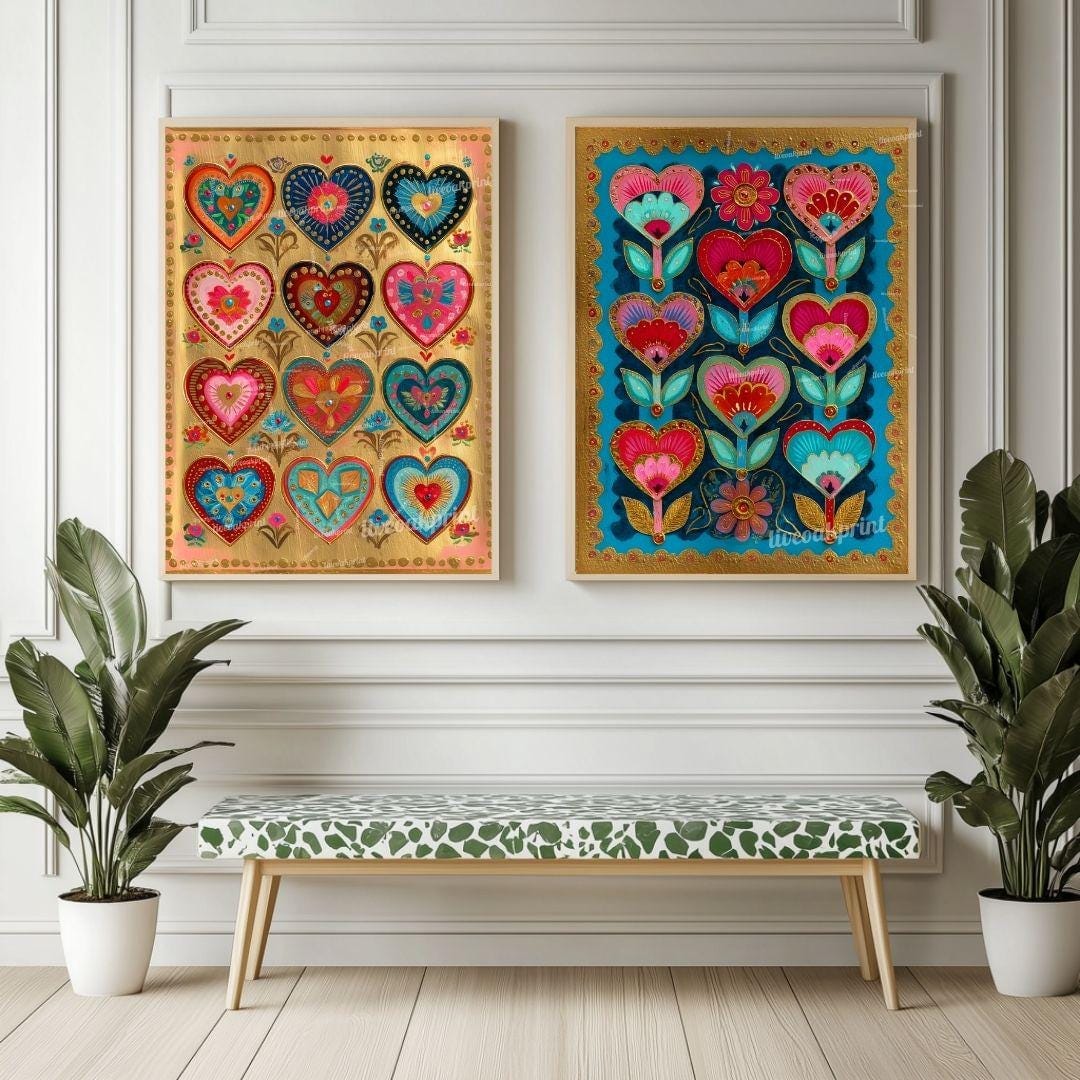 Sacred Folk Heart Wall Art Set – Vibrant Heart & Floral Prints – Bold Whimsical Art for Boho, Maximalist, or Eclectic Home Decor