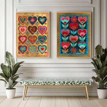 Sacred Folk Heart Wall Art Set – Vibrant Heart & Floral Prints – Bold Whimsical Art for Boho, Maximalist, or Eclectic Home Decor
