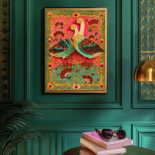 Whimsical Goose Wall Art – Maximalist Bird Art Print Colorful Folk Wall Decor Jewel-Toned Surrealist Poster Coquette Cottagecore Art