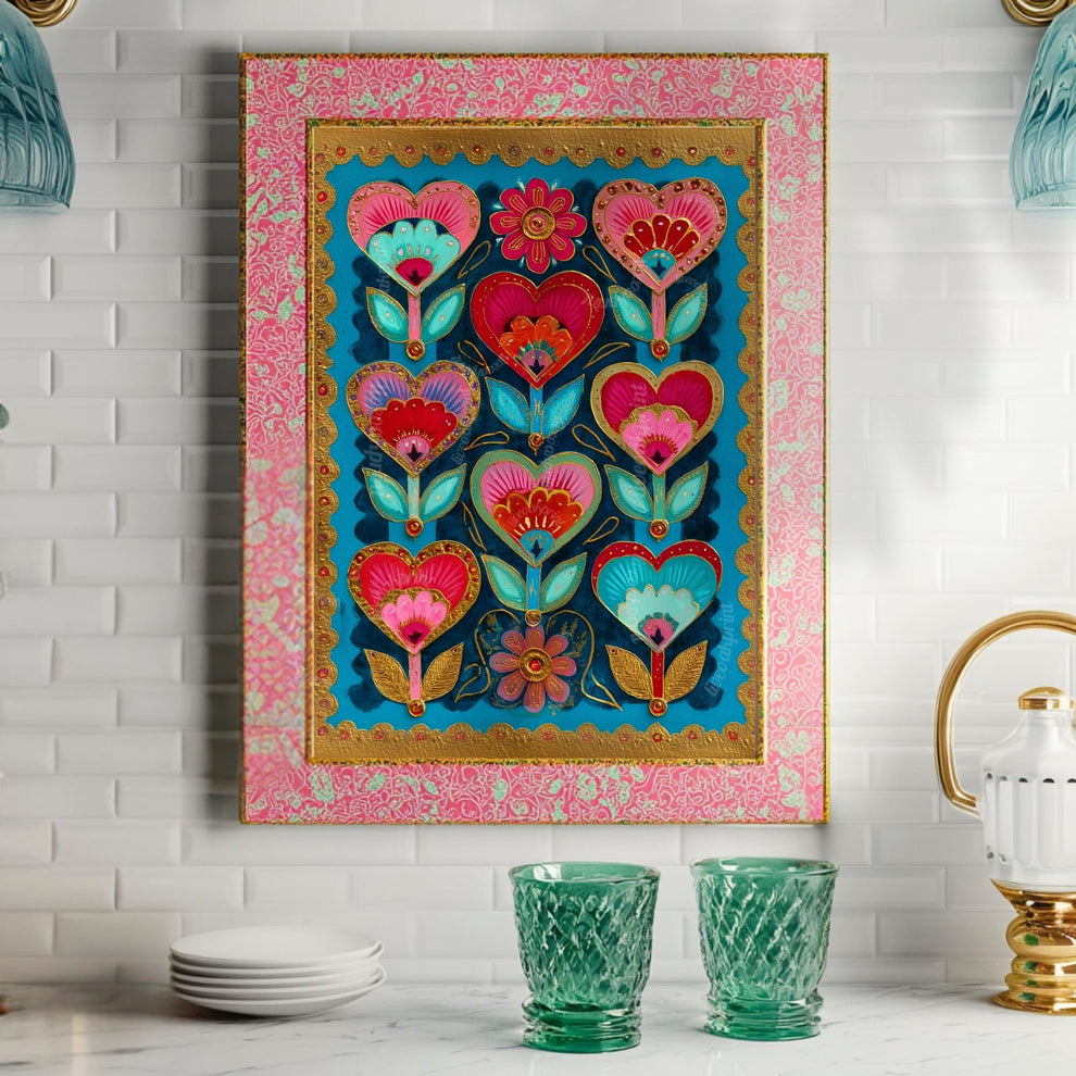 Colorful Heart Flower Wall Art – Pink and Teal Folk Floral Print, ScandinavianMaximalist Home Decor, Whimsical Boho Bedroom Artwork