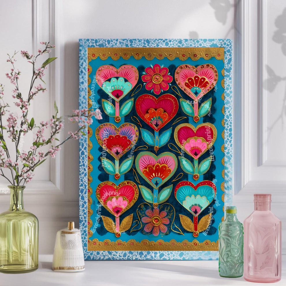 Colorful Heart Flower Wall Art – Pink and Teal Folk Floral Print, ScandinavianMaximalist Home Decor, Whimsical Boho Bedroom Artwork