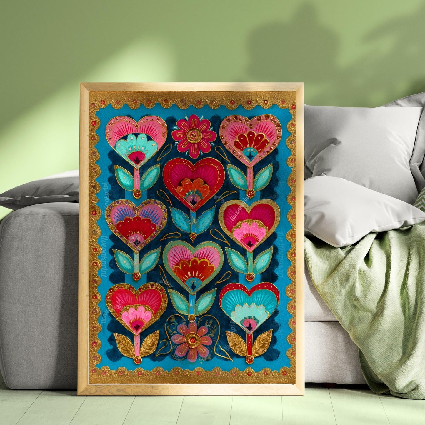 Colorful Heart Flower Wall Art – Pink and Teal Folk Floral Print, ScandinavianMaximalist Home Decor, Whimsical Boho Bedroom Artwork