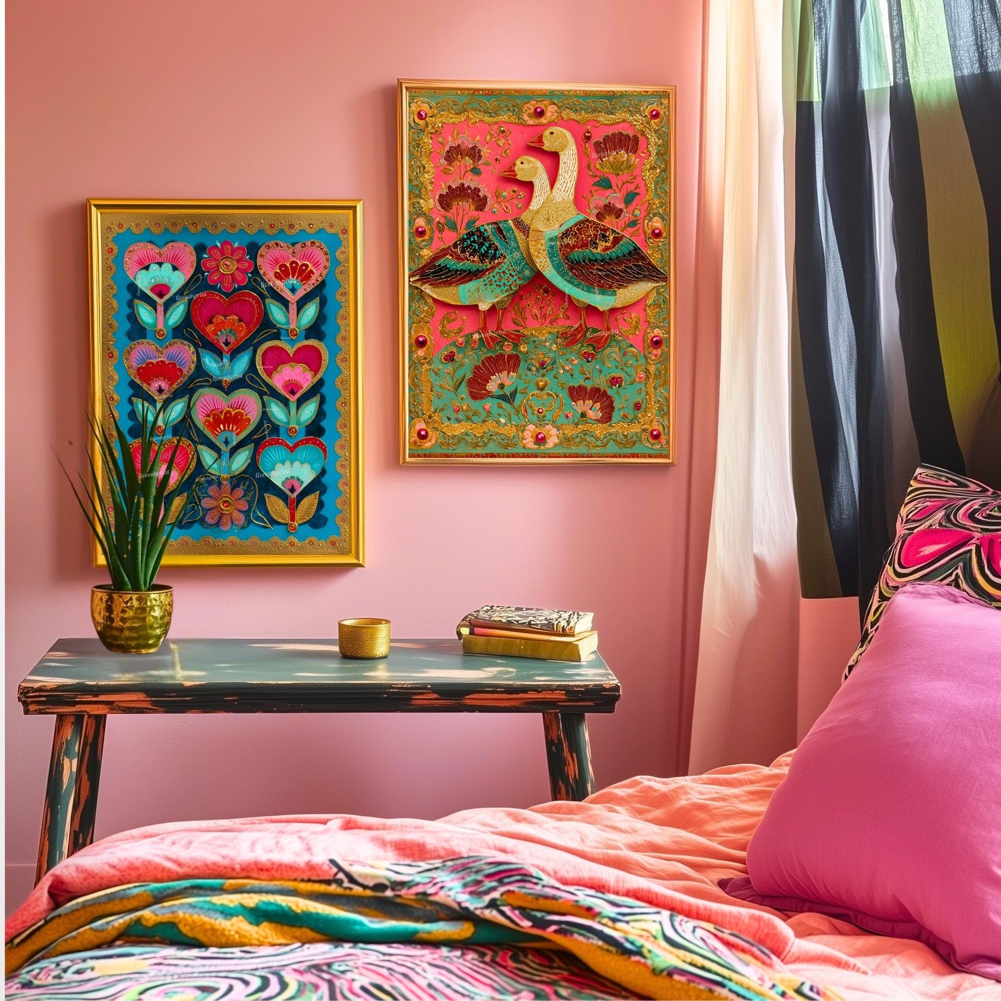 Colorful Heart Flower Wall Art – Pink and Teal Folk Floral Print, ScandinavianMaximalist Home Decor, Whimsical Boho Bedroom Artwork