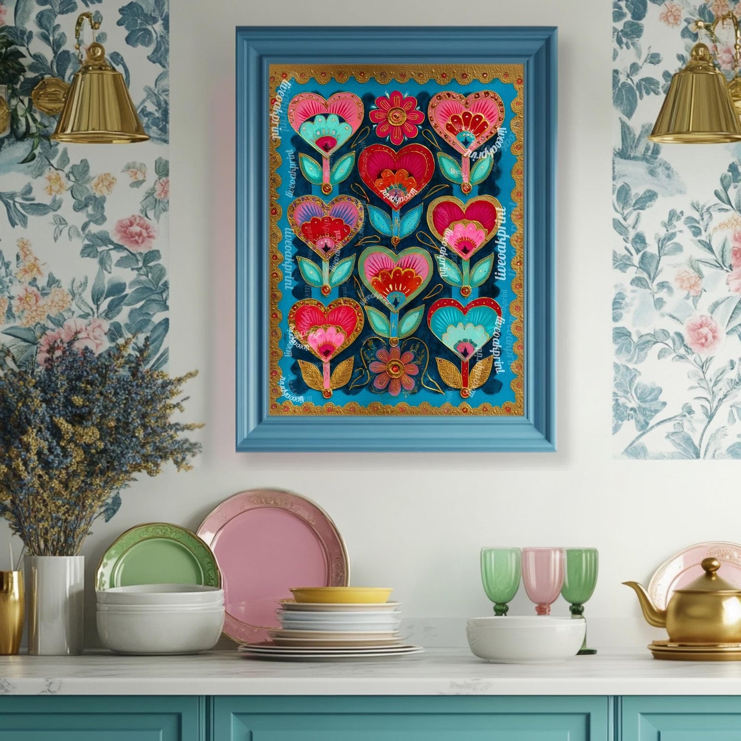 Colorful Heart Flower Wall Art – Pink and Teal Folk Floral Print, ScandinavianMaximalist Home Decor, Whimsical Boho Bedroom Artwork