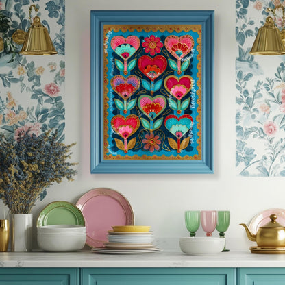 Colorful Heart Flower Wall Art – Pink and Teal Folk Floral Print, ScandinavianMaximalist Home Decor, Whimsical Boho Bedroom Artwork
