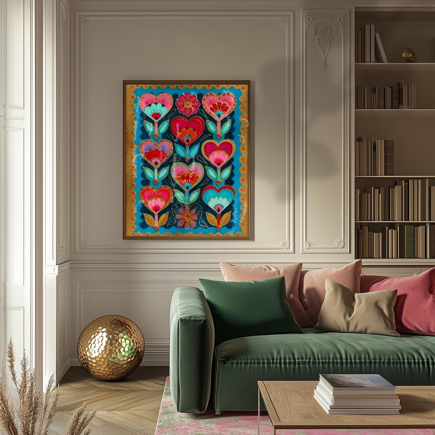 Colorful Heart Flower Wall Art – Pink and Teal Folk Floral Print, ScandinavianMaximalist Home Decor, Whimsical Boho Bedroom Artwork