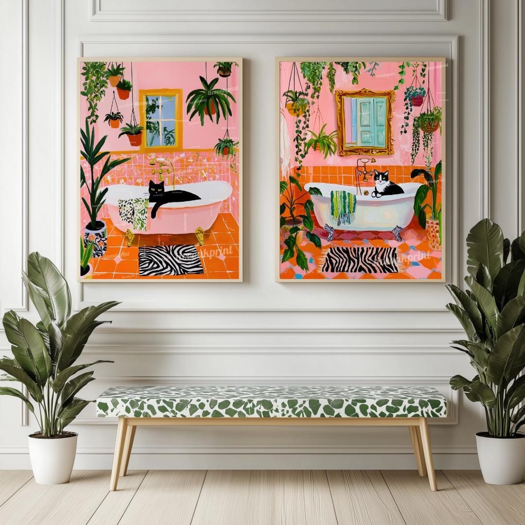 Cat in Bathtub Wall Art Set – Black Cat and Tuxedo Cat Art Whimsical Cat Lover Gift for Boho, Maximalist, or Eclectic Decor Orange and Pink