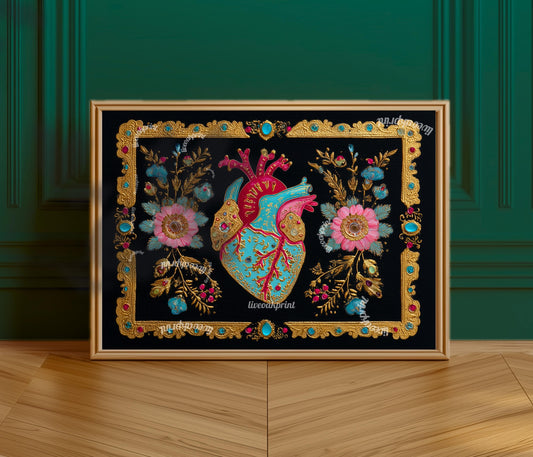 Baroque Anatomical Heart Art Print – Horizontal Gallery Wall Art Gothic Wall Art Dark Academia Art Print Human Heart Art Dark Boho Decor