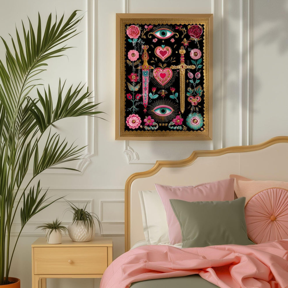 Sword and Heart Wall Art – Gothic Eye Art Print Dark Academia Decor Baroque Tattoo Flash Style Black Pink Gold Gallery Wall Print