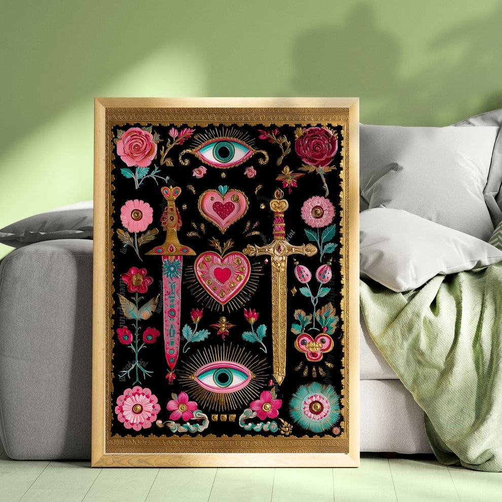 Sword and Heart Wall Art – Gothic Eye Art Print Dark Academia Decor Baroque Tattoo Flash Style Black Pink Gold Gallery Wall Print