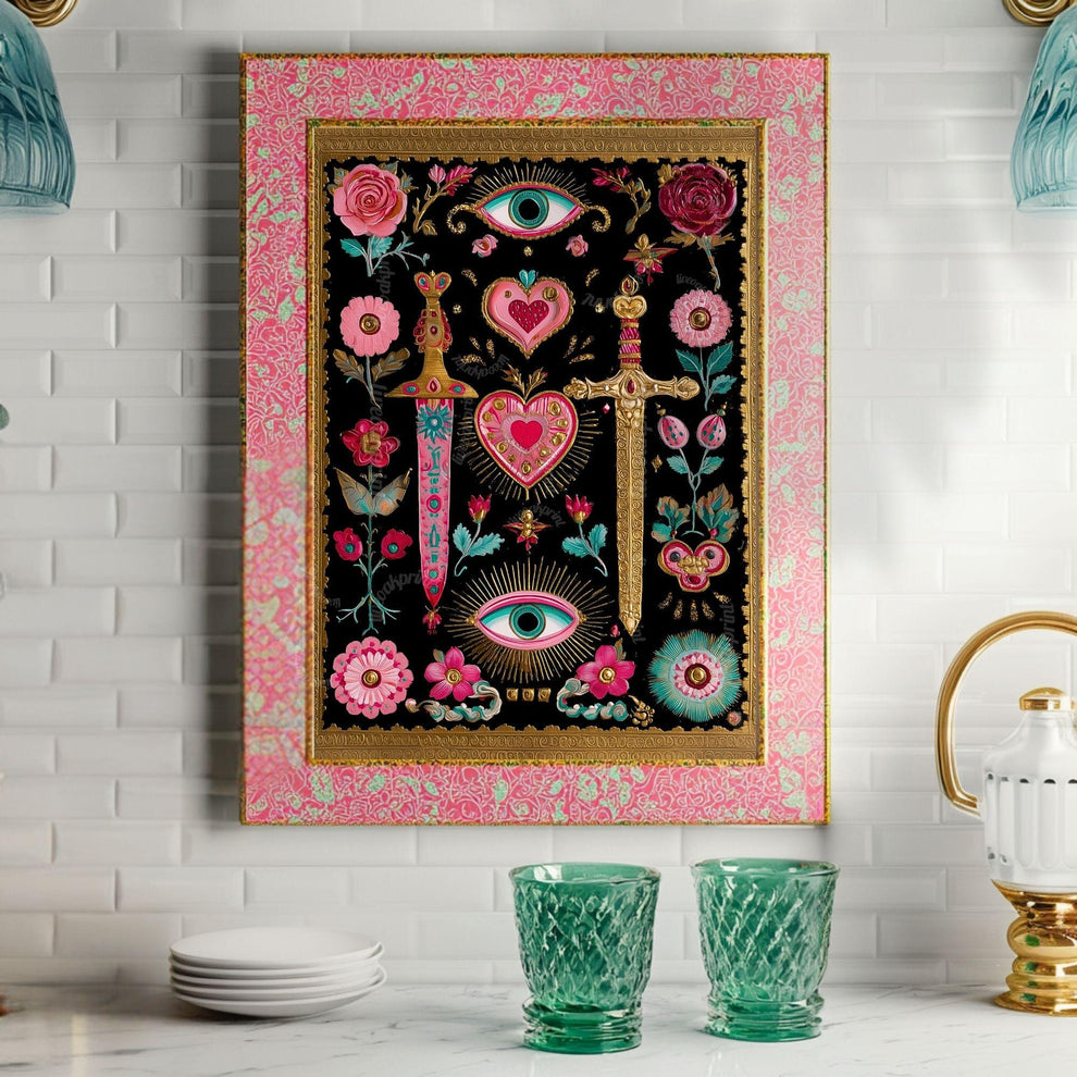 Sword and Heart Wall Art – Gothic Eye Art Print Dark Academia Decor Baroque Tattoo Flash Style Black Pink Gold Gallery Wall Print