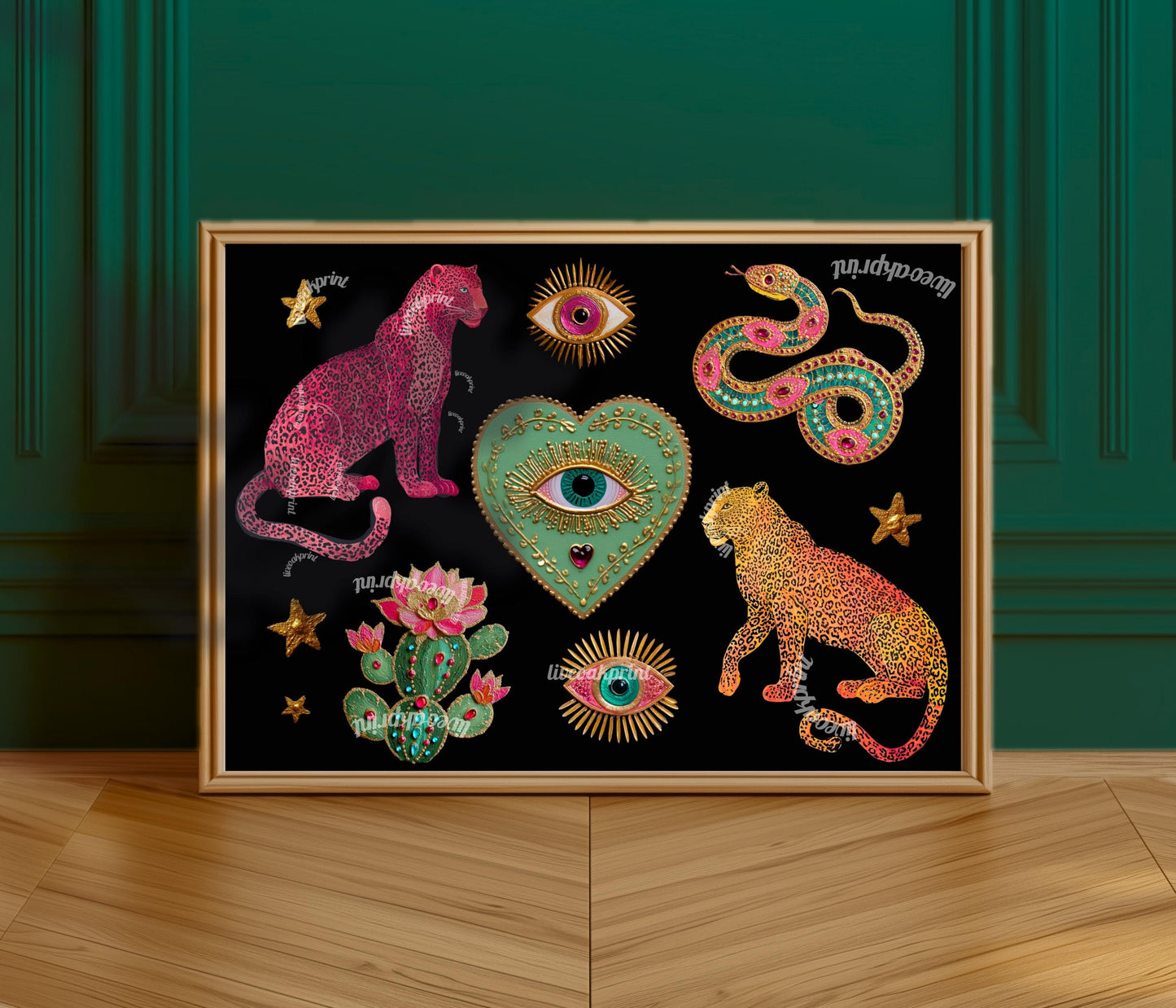 Surreal Wall Art Print – Pink Leopard Snake Eye Heart Print Dark Boho Wall Art Southwestern Cactus Decor Horizontal Art Print Psychedelic