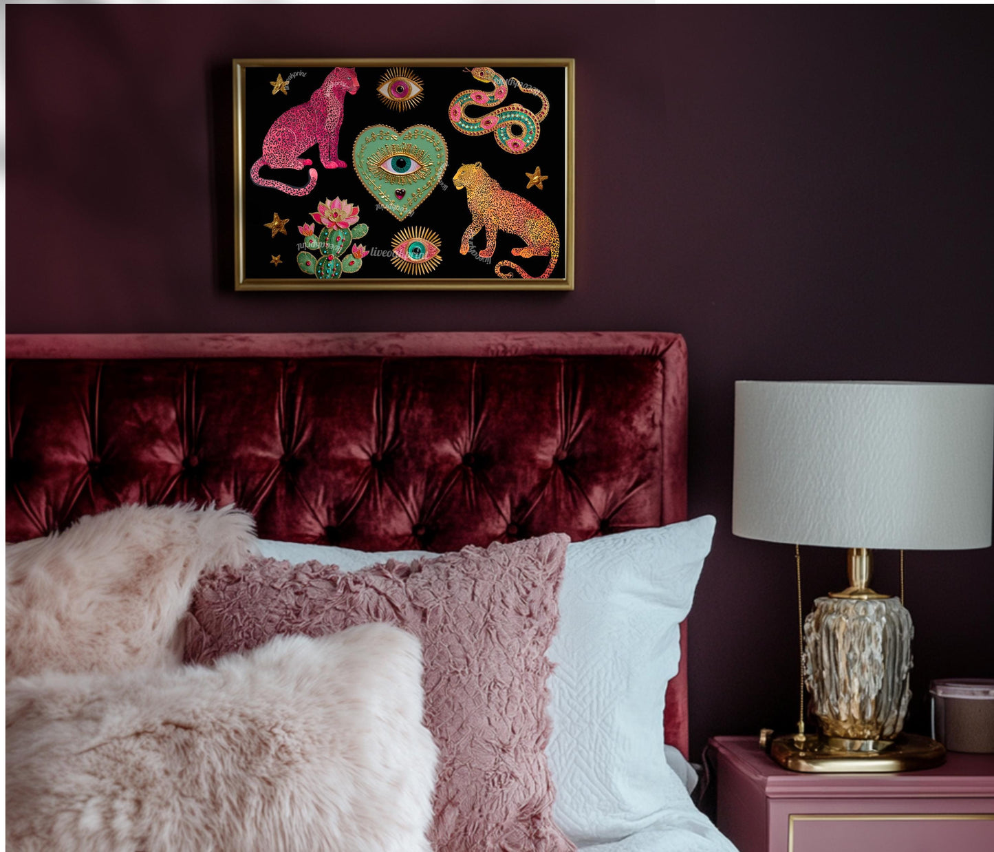 Surreal Wall Art Print – Pink Leopard Snake Eye Heart Print Dark Boho Wall Art Southwestern Cactus Decor Horizontal Art Print Psychedelic