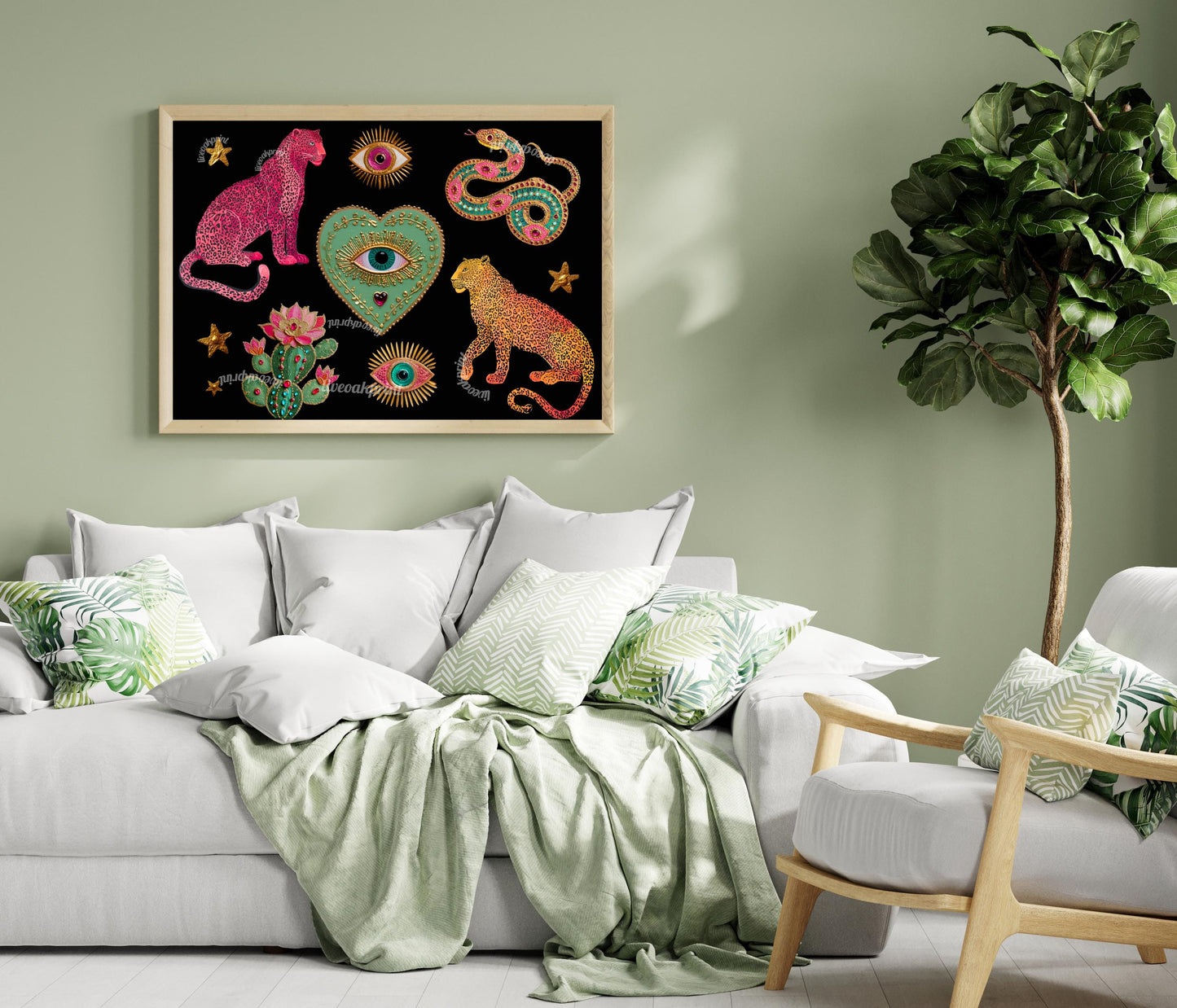 Surreal Wall Art Print – Pink Leopard Snake Eye Heart Print Dark Boho Wall Art Southwestern Cactus Decor Horizontal Art Print Psychedelic