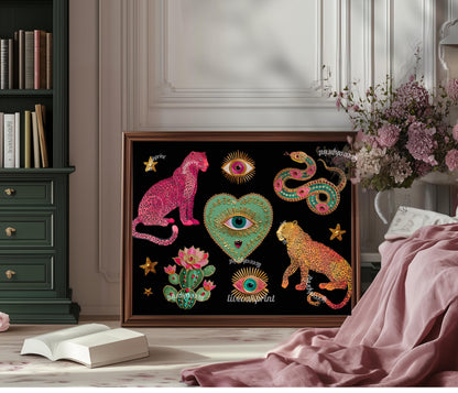 Surreal Wall Art Print – Pink Leopard Snake Eye Heart Print Dark Boho Wall Art Southwestern Cactus Decor Horizontal Art Print Psychedelic