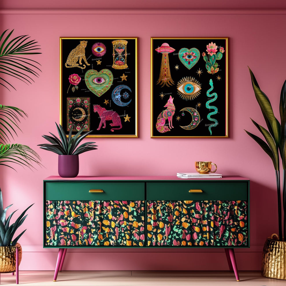 Witchy Boho Wall Art Print – UFO Wall Art Snake Art Print Coyote Wall Decor Moon Art Eye Print Southwestern Wall Art Surreal Home Decor