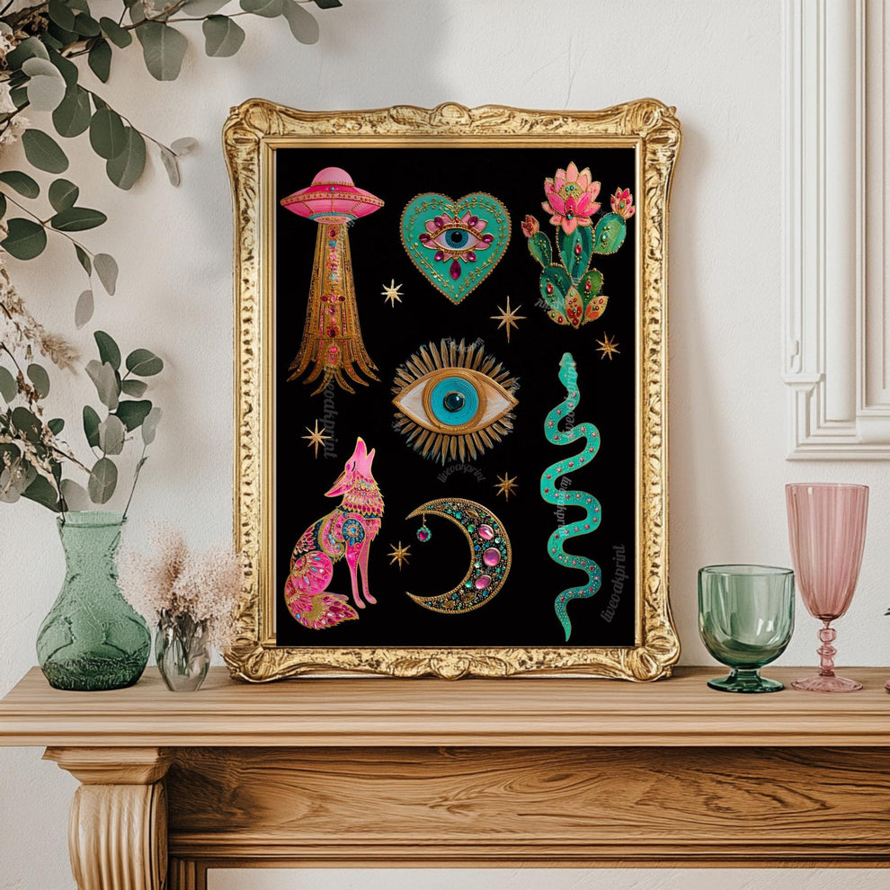 Witchy Boho Wall Art Print – UFO Wall Art Snake Art Print Coyote Wall Decor Moon Art Eye Print Southwestern Wall Art Surreal Home Decor