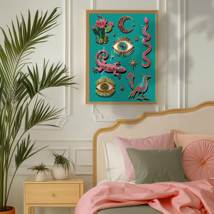Witchy Surreal Wall Art – Mystical Desert Boho Wall Art Print Pink Gecko Cactus Moon Evil Eye Snake Surreal Southwestern Art Print Turquoise