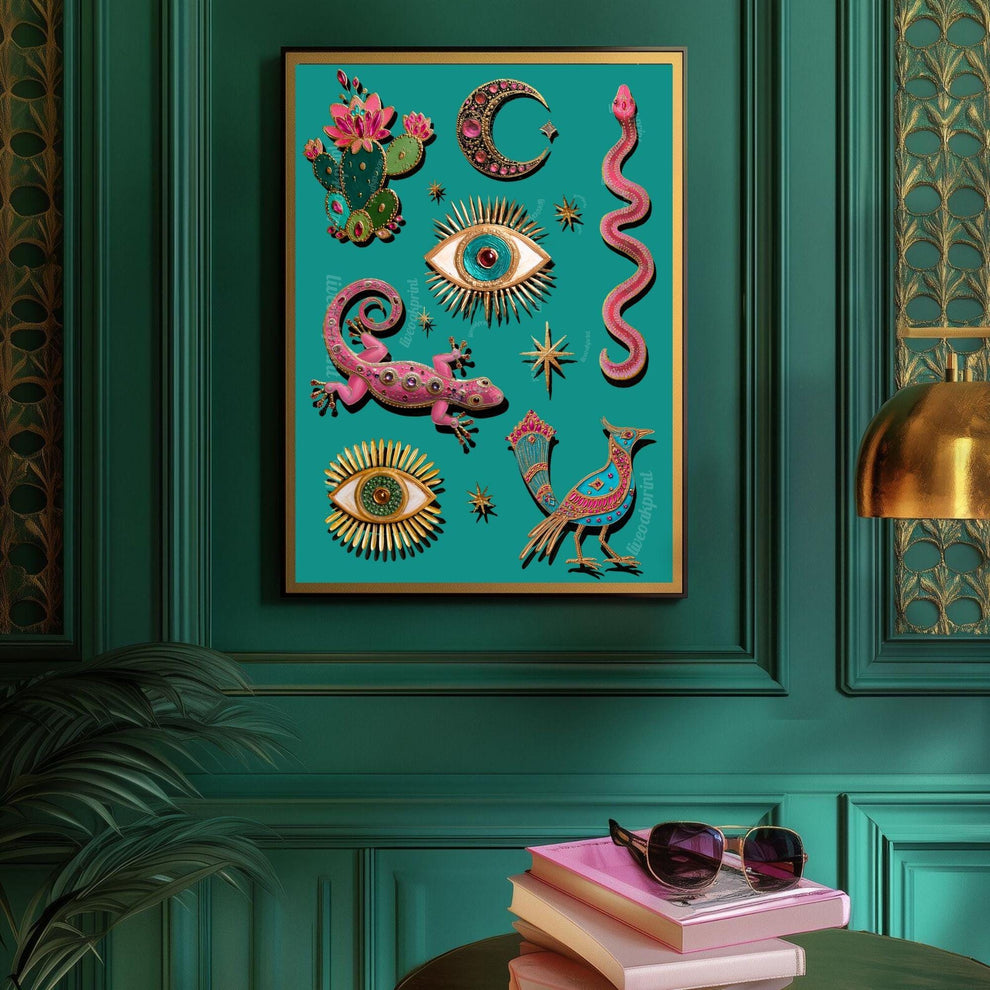 Witchy Surreal Wall Art – Mystical Desert Boho Wall Art Print Pink Gecko Cactus Moon Evil Eye Snake Surreal Southwestern Art Print Turquoise
