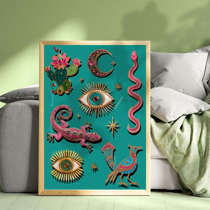Witchy Surreal Wall Art – Mystical Desert Boho Wall Art Print Pink Gecko Cactus Moon Evil Eye Snake Surreal Southwestern Art Print Turquoise