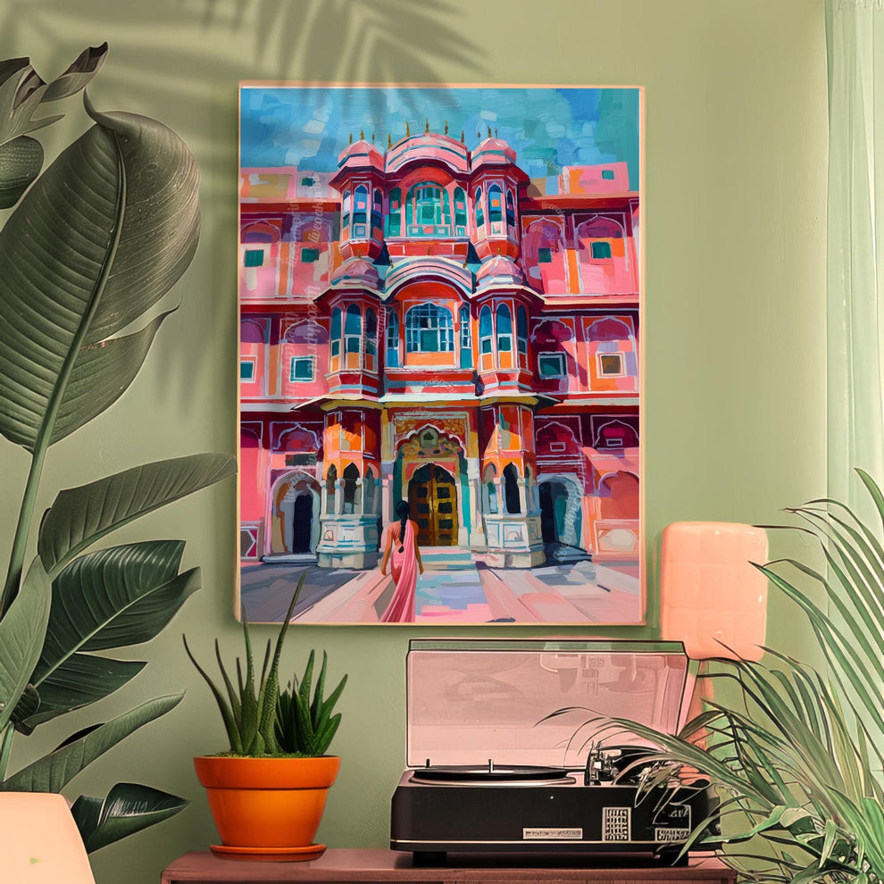 Jaipur Palace Wall Art – Vibrant Pink Indian Architecture Print with Woman in Sari – Colorful Travel-Inspired Palace Artwork