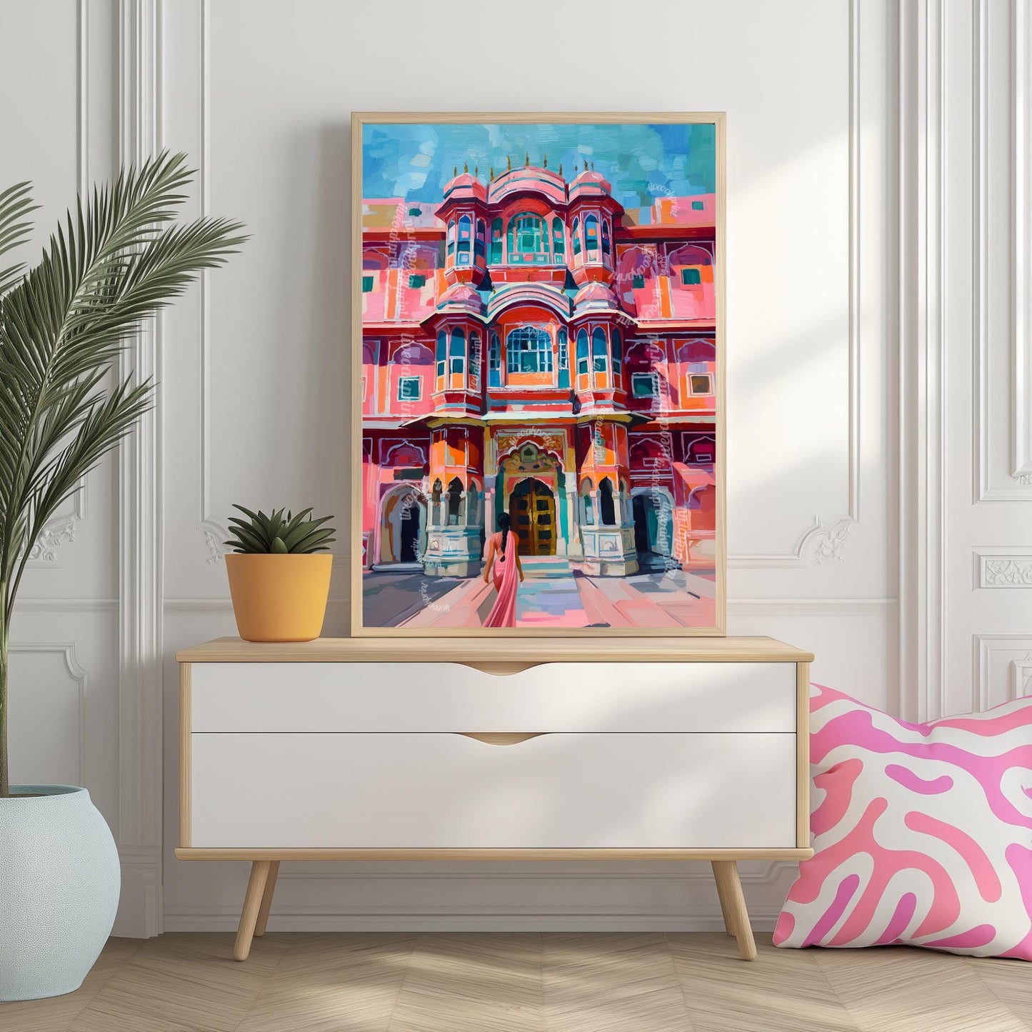 Jaipur Palace Wall Art – Vibrant Pink Indian Architecture Print with Woman in Sari – Colorful Travel-Inspired Palace Artwork