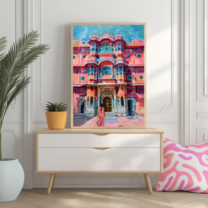 Jaipur Palace Wall Art – Vibrant Pink Indian Architecture Print with Woman in Sari – Colorful Travel-Inspired Palace Artwork