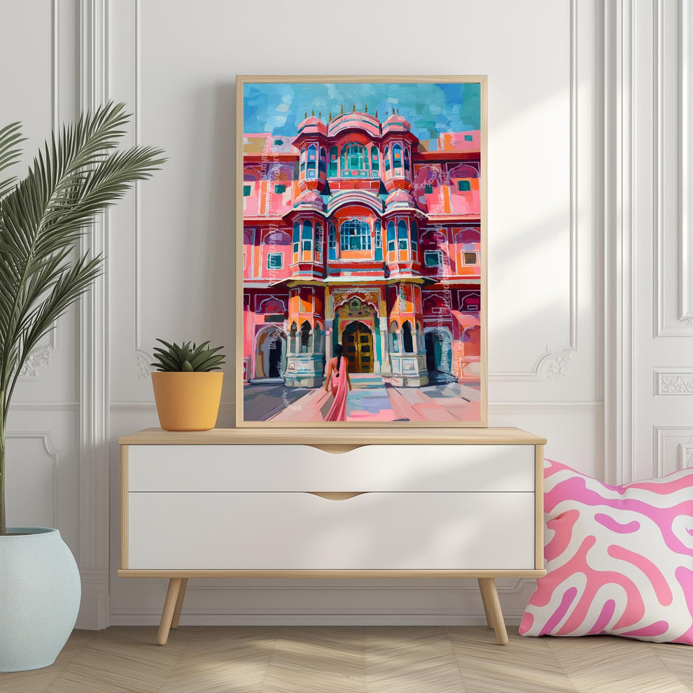 Jaipur Palace Wall Art – Vibrant Pink Indian Architecture Print with Woman in Sari – Colorful Travel-Inspired Palace Artwork
