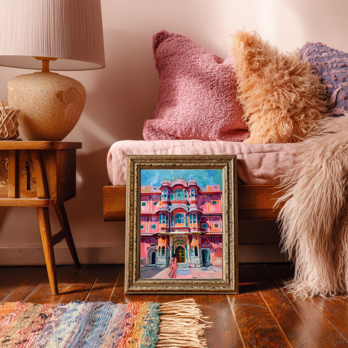 Jaipur Palace Wall Art – Vibrant Pink Indian Architecture Print with Woman in Sari – Colorful Travel-Inspired Palace Artwork