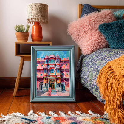 Jaipur Palace Wall Art – Vibrant Pink Indian Architecture Print with Woman in Sari – Colorful Travel-Inspired Palace Artwork
