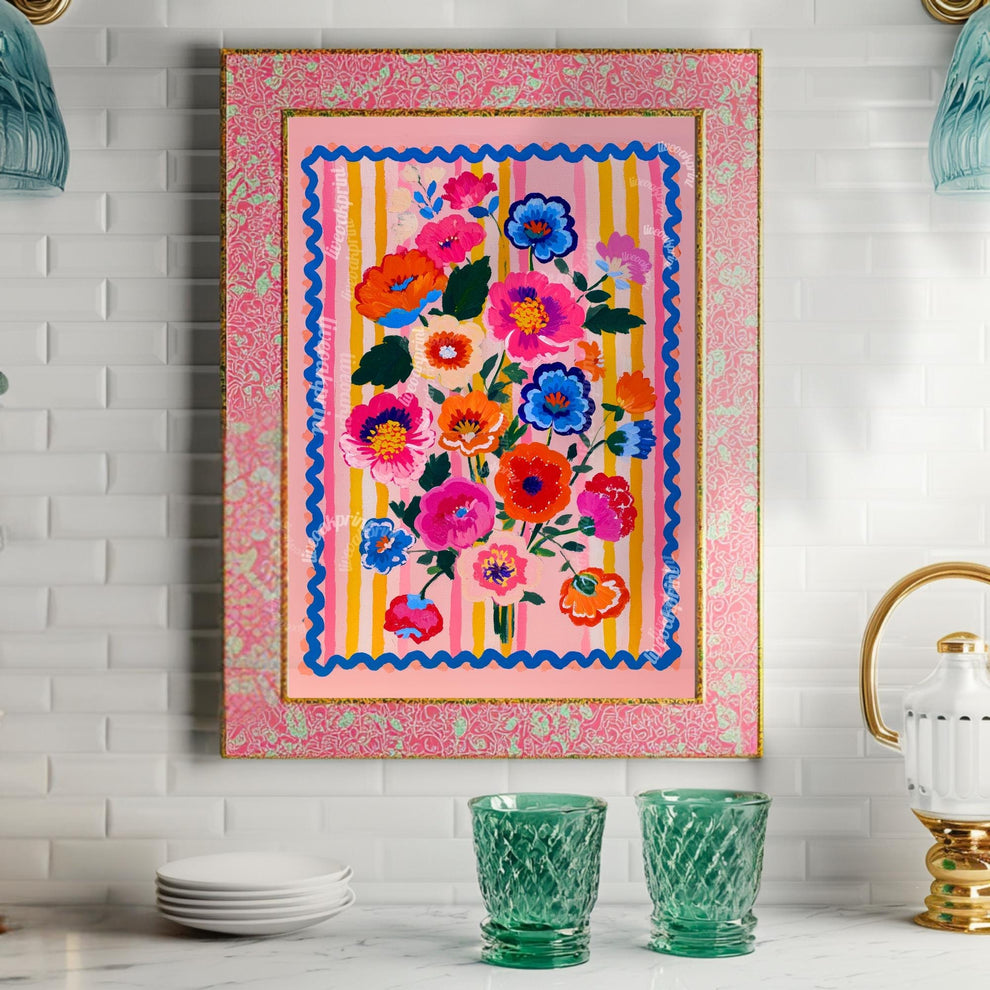 Bold Folk Floral Wall Art – Colorful Maximalist Flower Print with Pink, Blue & Orange – Bright Retro Poster for Bedroom or Living Room Decor