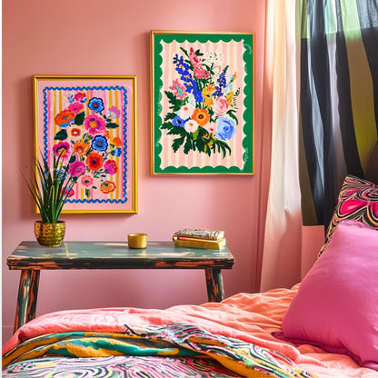 Bold Folk Floral Wall Art – Colorful Maximalist Flower Print with Pink, Blue & Orange – Bright Retro Poster for Bedroom or Living Room Decor