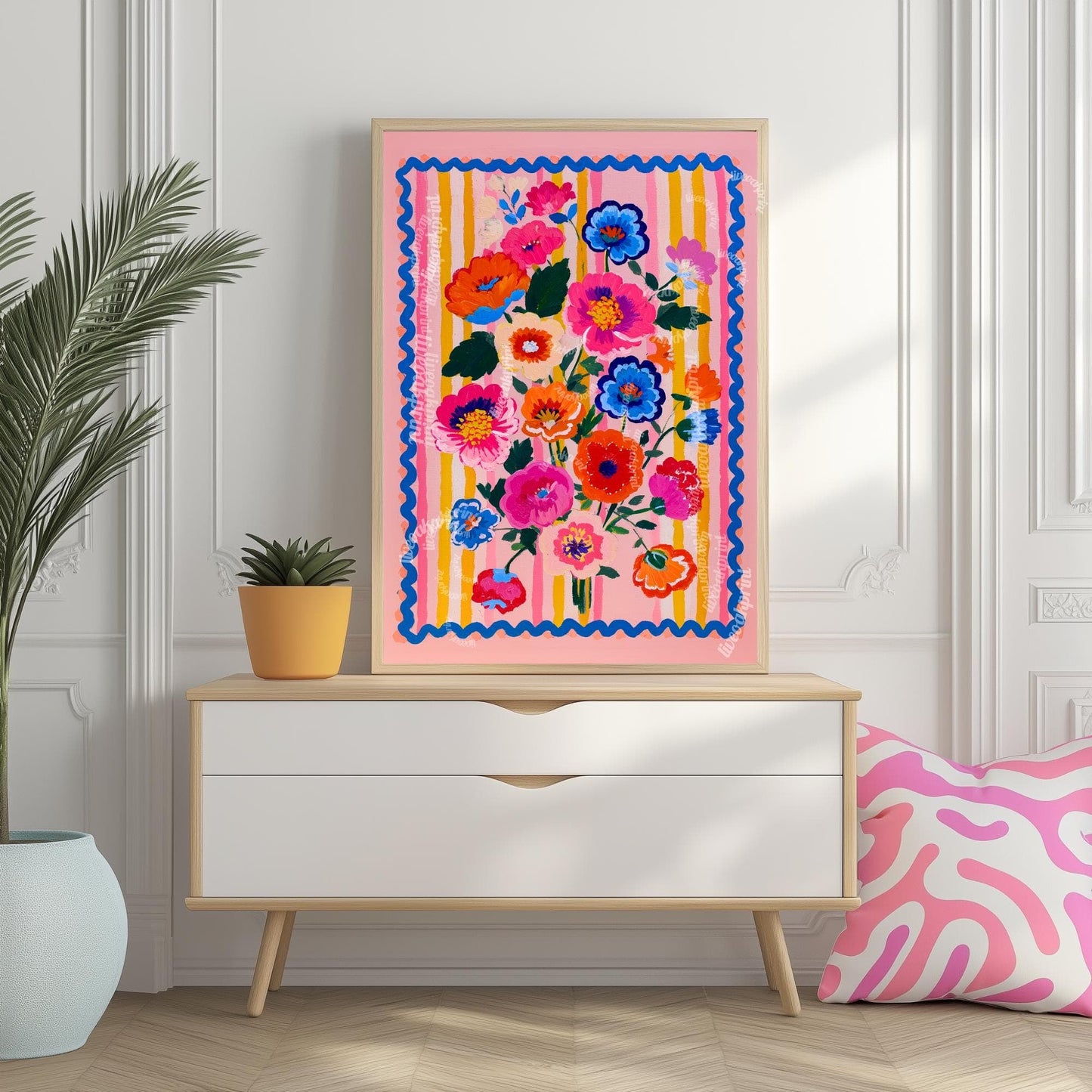 Bold Folk Floral Wall Art – Colorful Maximalist Flower Print with Pink, Blue & Orange – Bright Retro Poster for Bedroom or Living Room Decor
