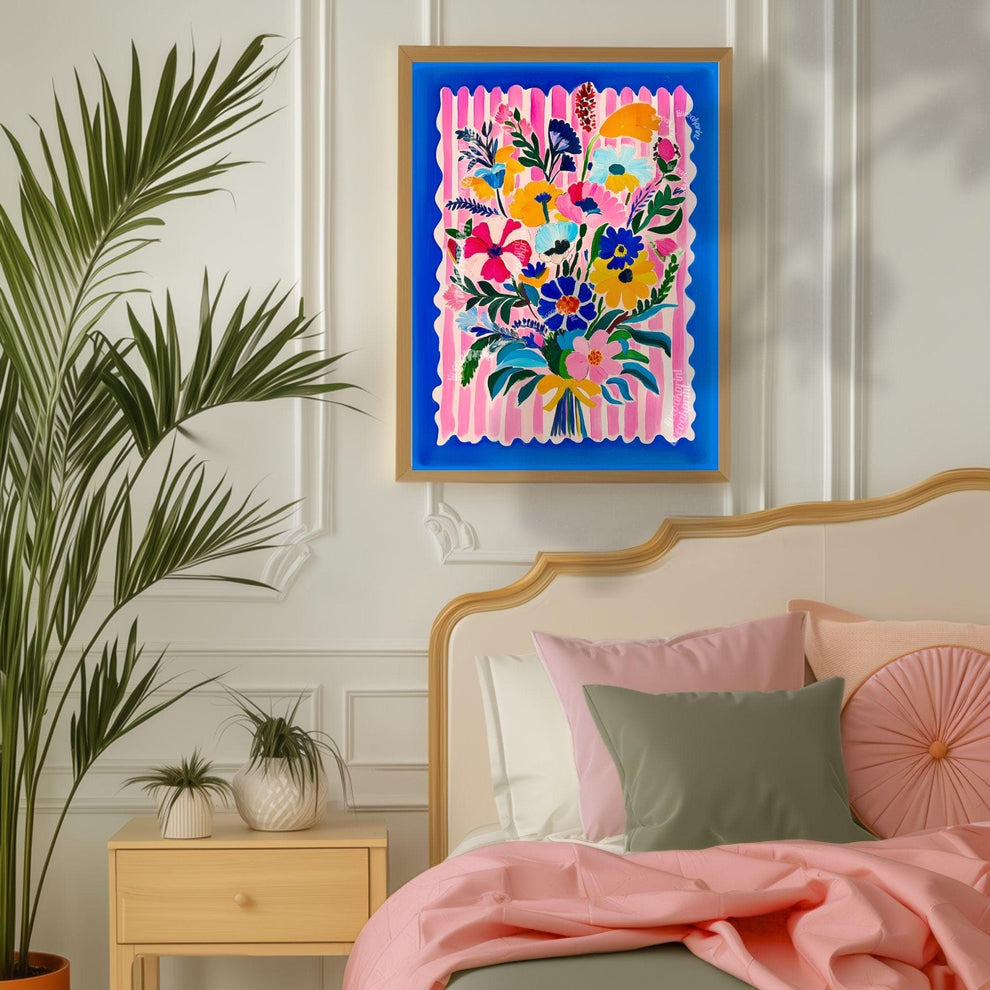 Bold Bright Floral Bouquet Wall Art – Colorful Flower Poster with Pink Stripes & Blue Border – Cheerful Art Print for Living Room