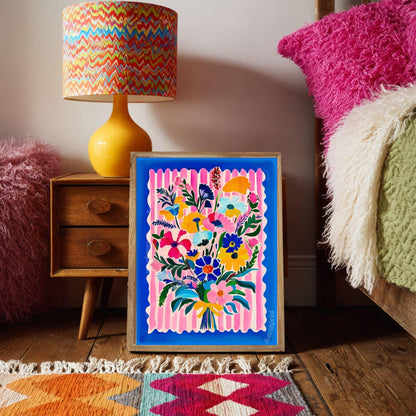 Bold Bright Floral Bouquet Wall Art – Colorful Flower Poster with Pink Stripes & Blue Border – Cheerful Art Print for Living Room