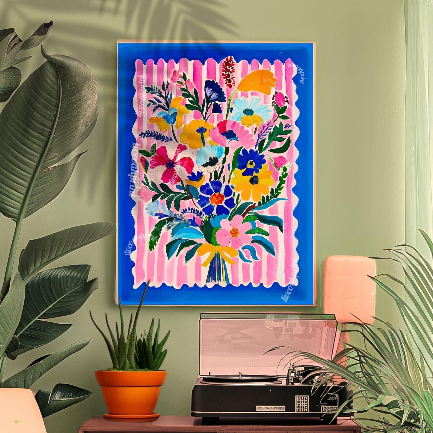 Bold Bright Floral Bouquet Wall Art – Colorful Flower Poster with Pink Stripes & Blue Border – Cheerful Art Print for Living Room
