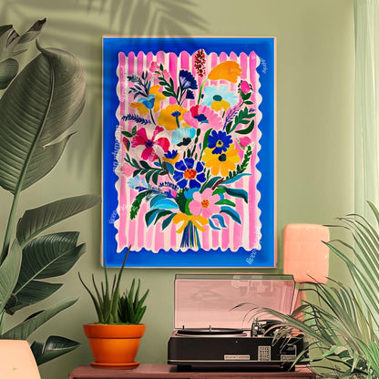Bold Bright Floral Bouquet Wall Art – Colorful Flower Poster with Pink Stripes & Blue Border – Cheerful Art Print for Living Room