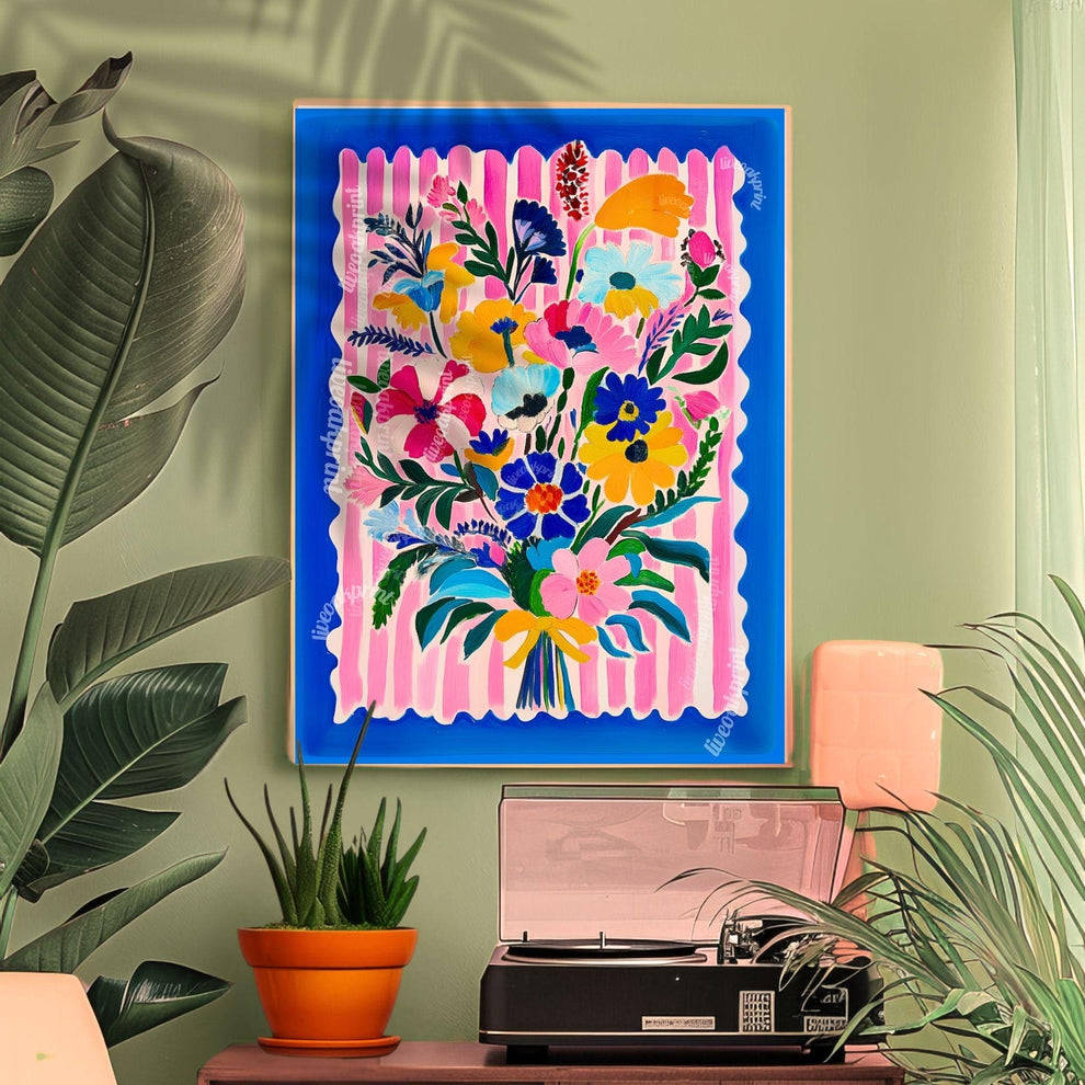 Bold Bright Floral Bouquet Wall Art – Colorful Flower Poster with Pink Stripes & Blue Border – Cheerful Art Print for Living Room