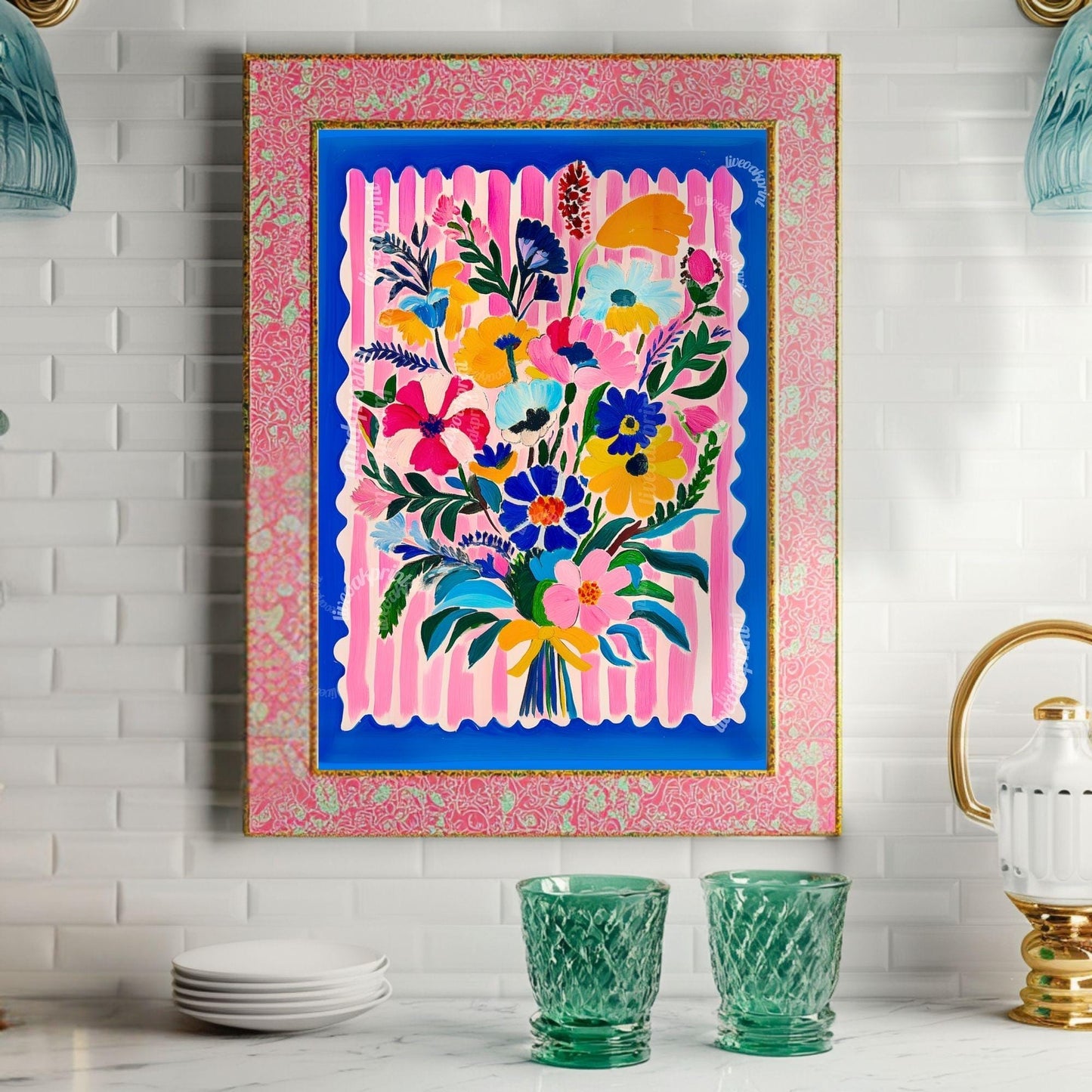Bold Bright Floral Bouquet Wall Art – Colorful Flower Poster with Pink Stripes & Blue Border – Cheerful Art Print for Living Room