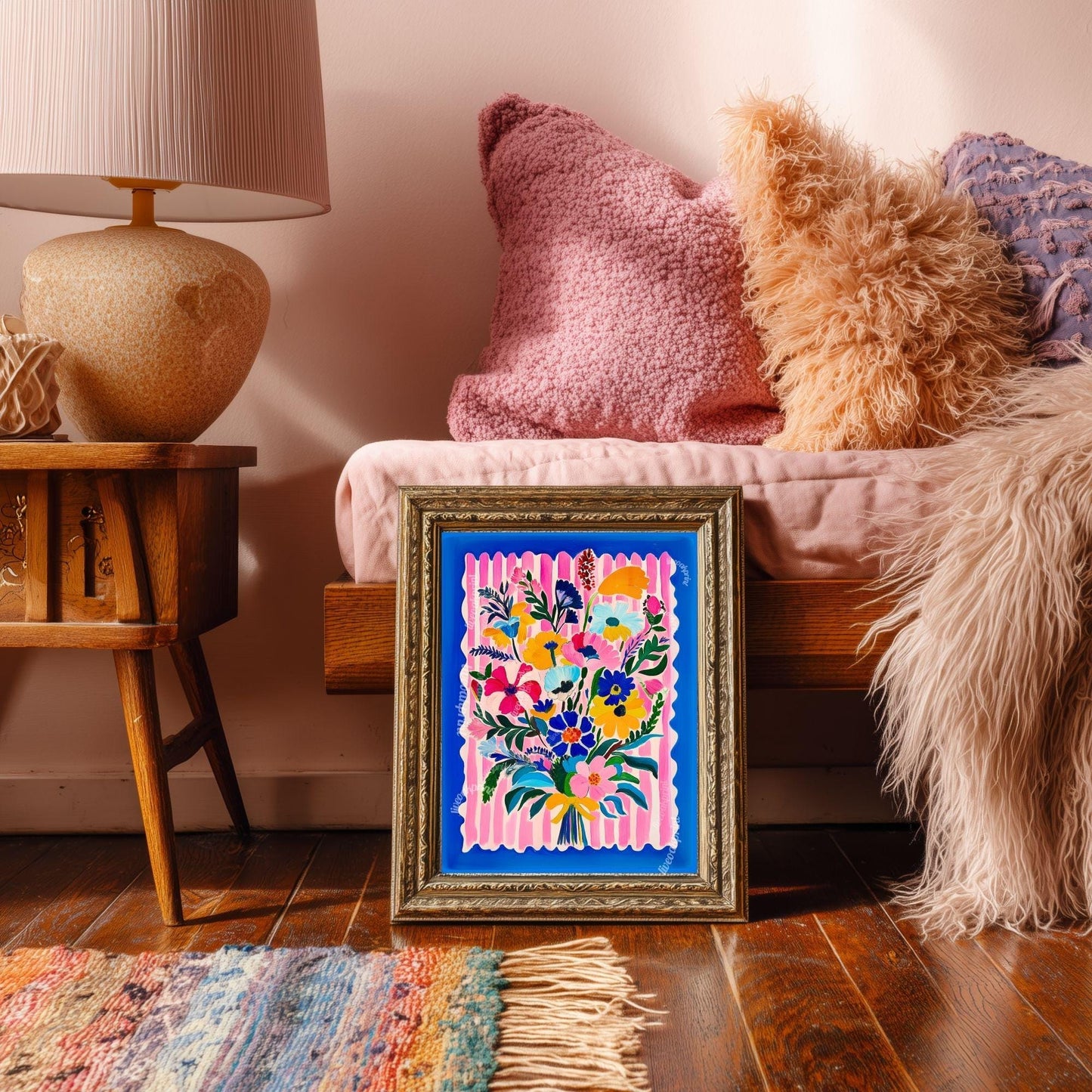 Bold Bright Floral Bouquet Wall Art – Colorful Flower Poster with Pink Stripes & Blue Border – Cheerful Art Print for Living Room