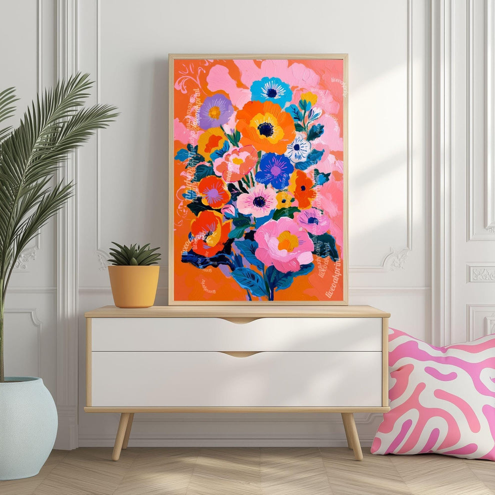 Electric Garden Bloom Print – Colorful Floral Wall Art for Maximalist Home Decor – Bright Poster for Bedroom, Living Room or Gallery Wall