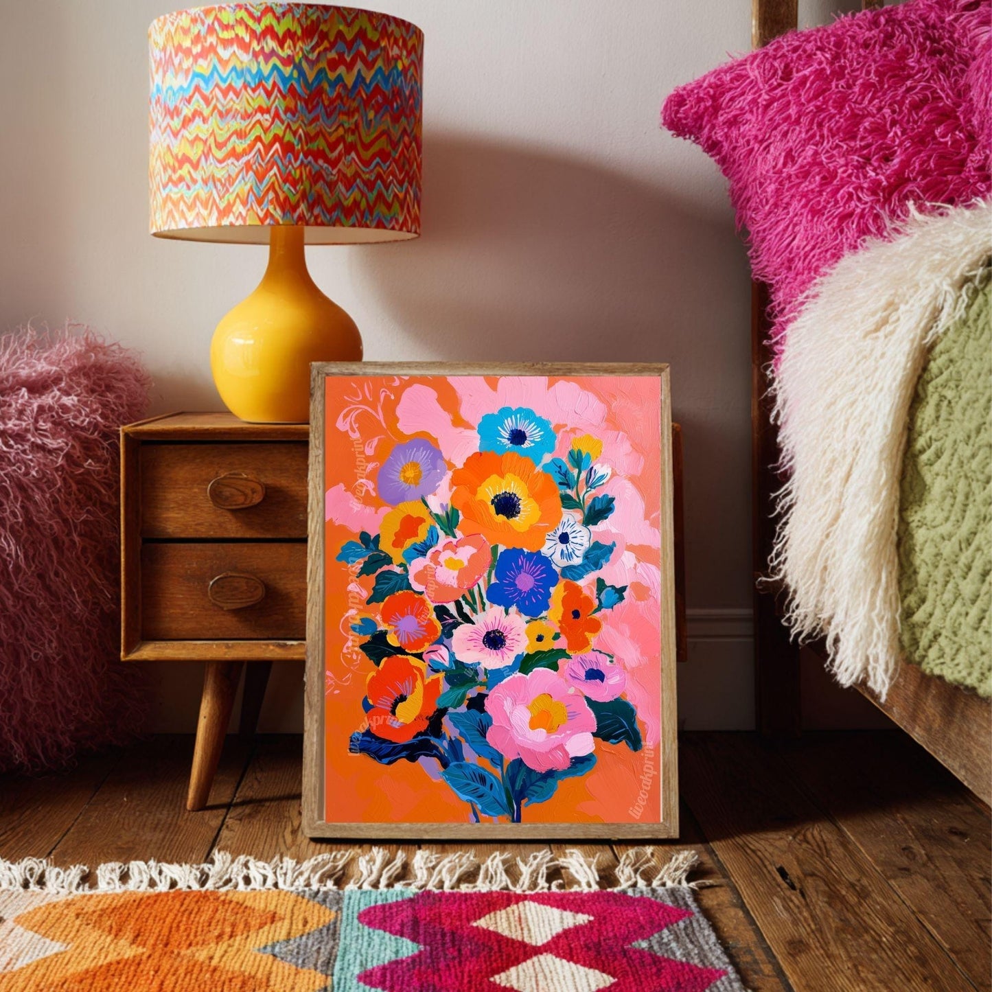 Electric Garden Bloom Print – Colorful Floral Wall Art for Maximalist Home Decor – Bright Poster for Bedroom, Living Room or Gallery Wall