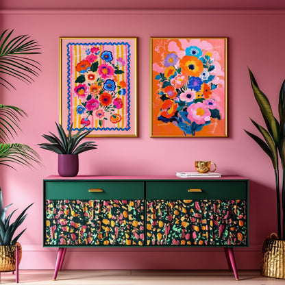 Electric Garden Bloom Print – Colorful Floral Wall Art for Maximalist Home Decor – Bright Poster for Bedroom, Living Room or Gallery Wall