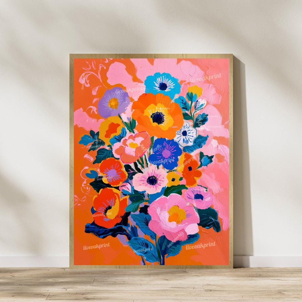 Pink and Orange Floral Art Set – Bold Maximalist Flower Prints – Vibrant Wall Art for Bedroom, Living Room, or Gallery Wall